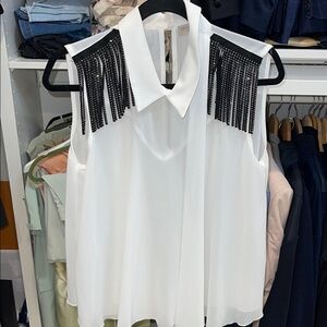 Rinascimento White Sleeveless Blouse with Black Fringe